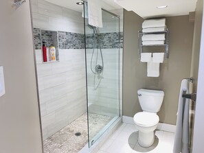 Shower, hair dryer, towels, soap