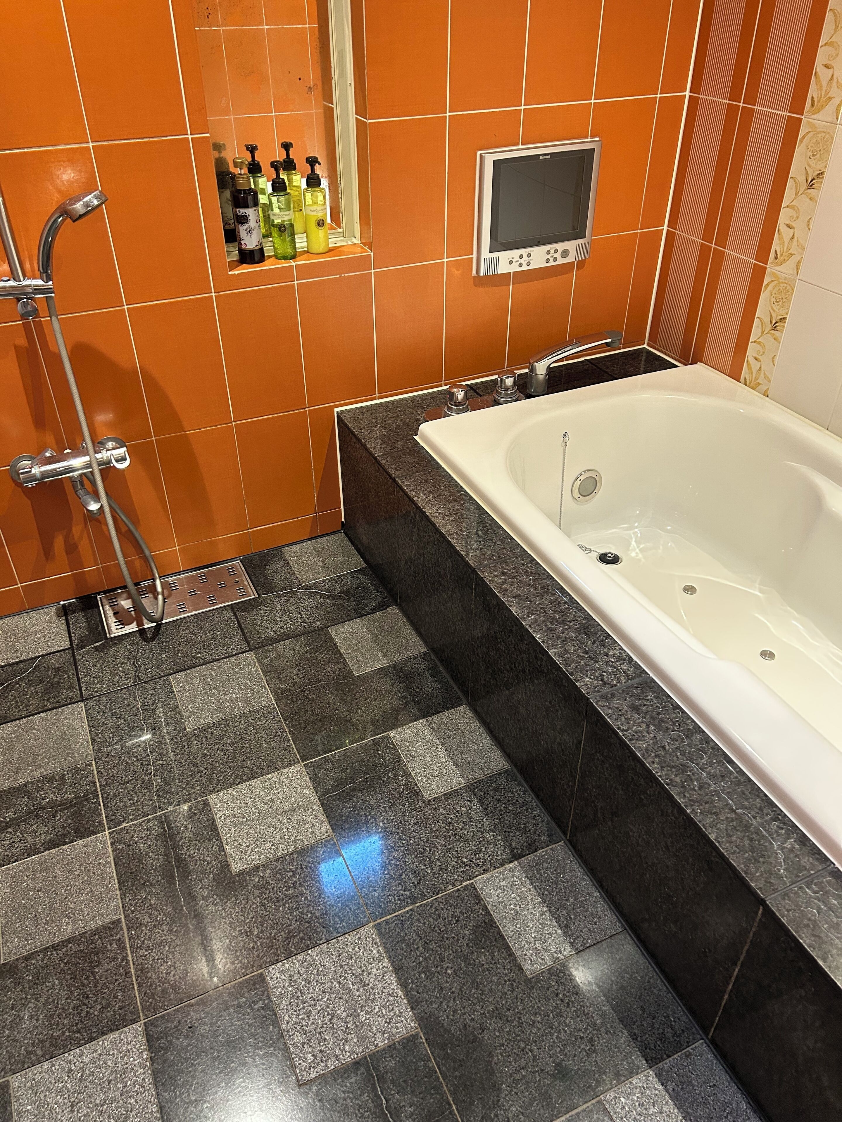 A bathroom with a bathtub, a shower, and a vanity with toiletries.