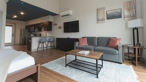 Un apartamento moderno con cocina, sala de estar y un dormitorio.