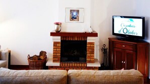 A living room with a fireplace, a television, and a framed picture on the wall. - Casa Azul, Carregal, Óbidos (Óbidos)