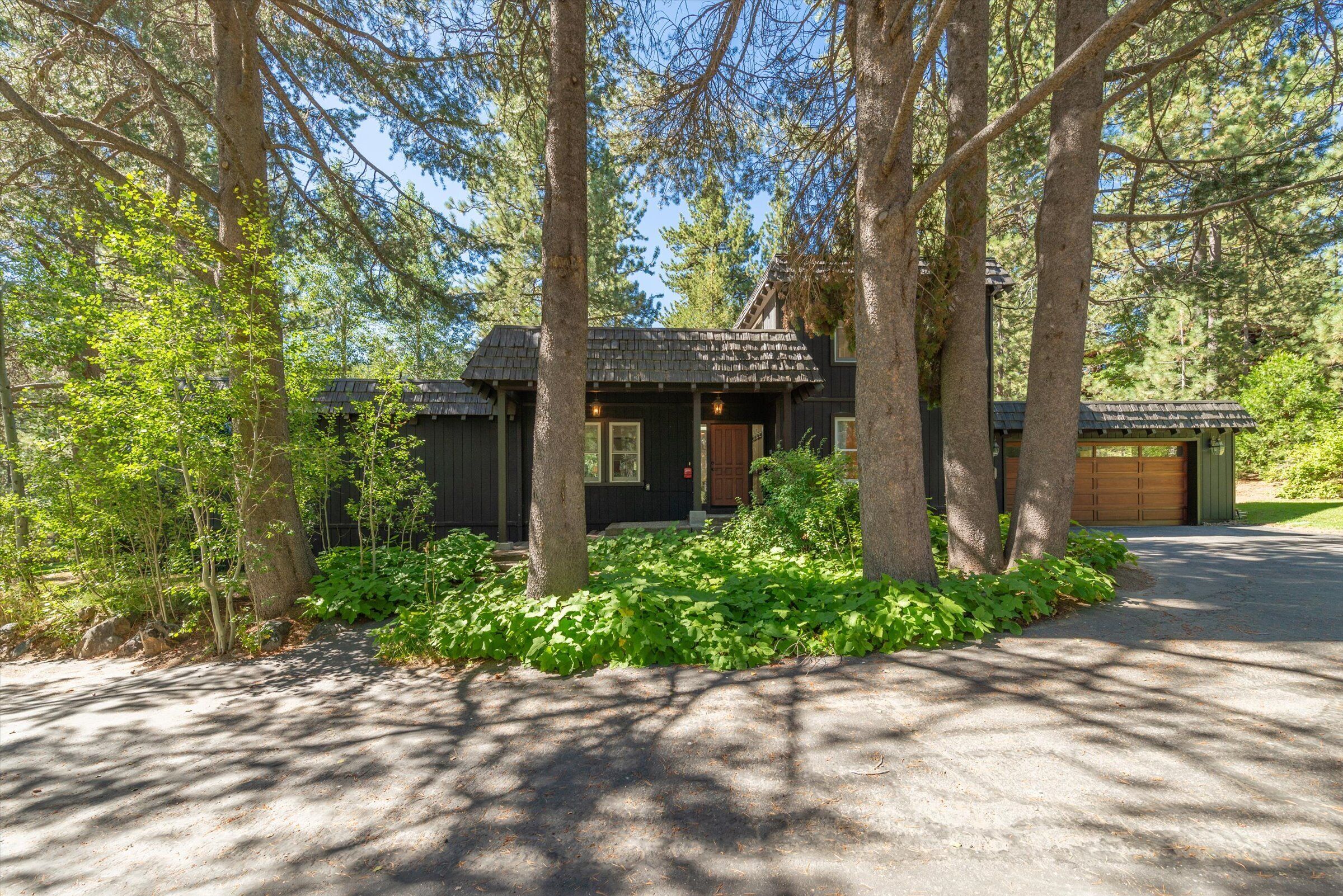 A cabin surrounded by trees with a gravel driveway and a garage.