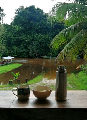 A view from a window overlooking a river with a boat docked on the opposite bank, surrounded by lush greenery. - Mulu Diana Homestay (Mulu)