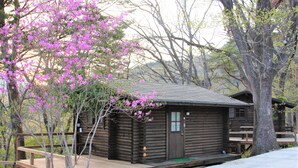 Un chalet rustique doté d’une terrasse en bois, entouré d’arbres et de fleurs en pleine floraison.