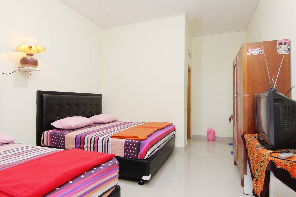 A bedroom with two beds, a television, and a wardrobe.