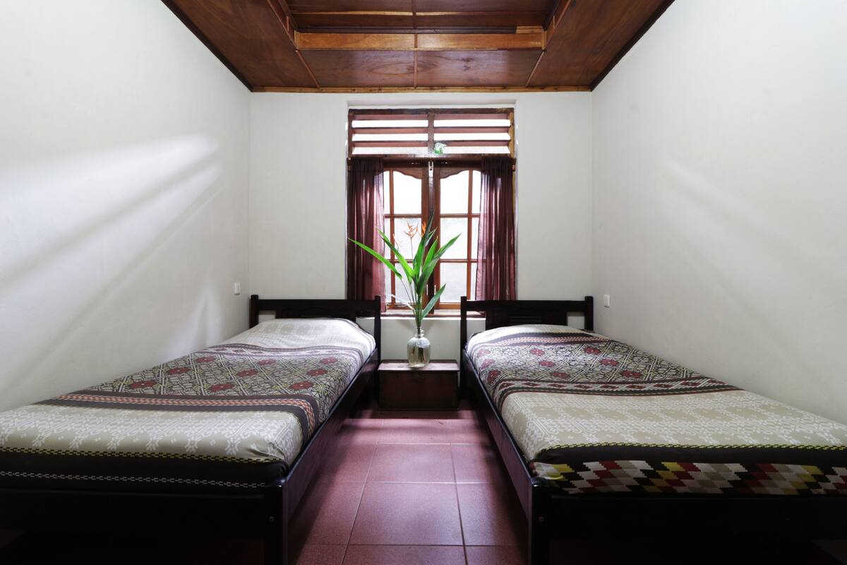 A room with two single beds, a small table with a vase, and a window with curtains.