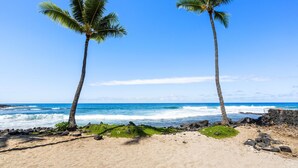 Une plage avec deux palmiers, des vagues de l’océan et un ciel dégagé.