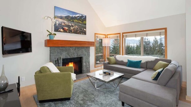 Una sala de estar moderna con chimenea, un sofá, una mesa de centro y un televisor.