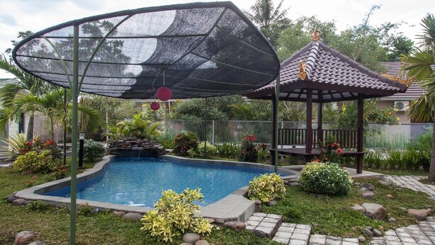 A swimming pool with a pergola and gazebo, surrounded by landscaped garden and palm trees. - RedDoorz Plus near Banyuwangi Airport (Rogojampi)