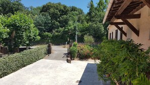 A paved pathway leading to a building with a traditional architectural style, surrounded by lush greenery and a clear sky.