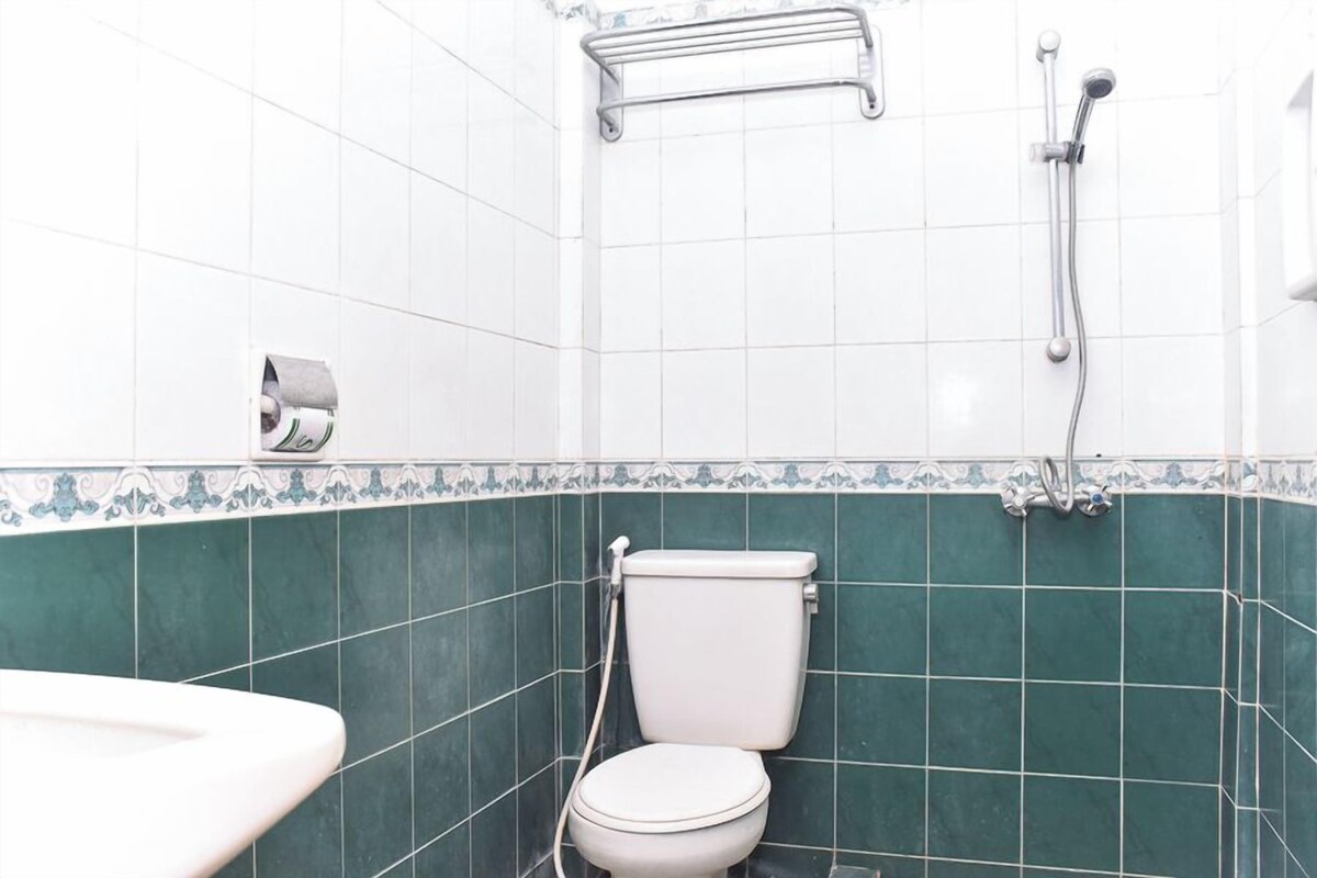 Un baño con inodoro, ducha y lavamanos.