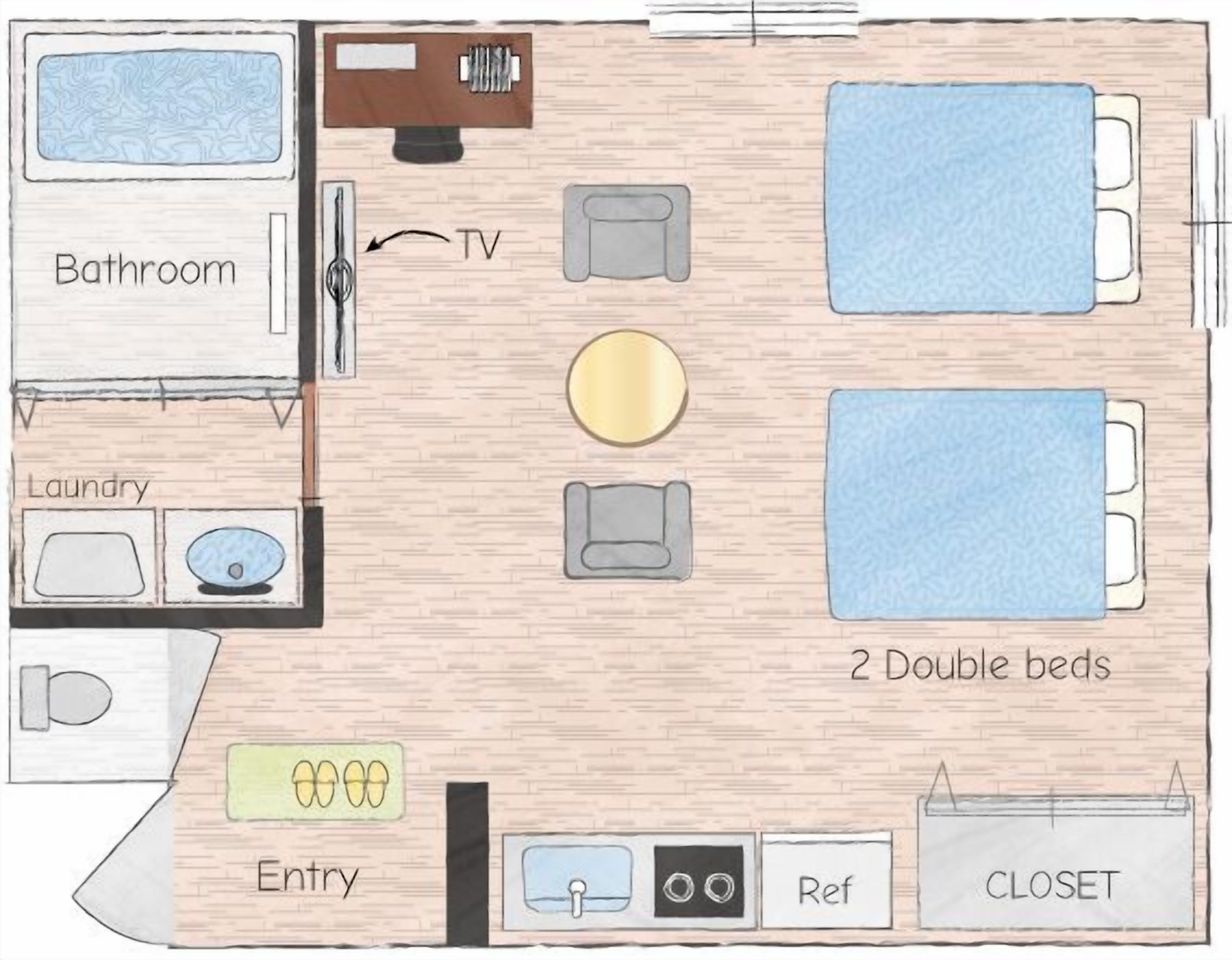 A room layout with a TV, two double beds, a bathroom, a laundry area, and an entry/closet.