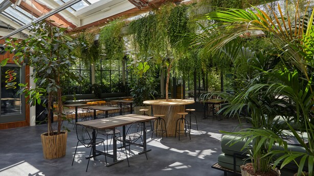 Un espacio interior con mesas y sillas, rodeado de exuberante vegetación y un techo alto con luz natural.