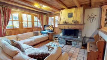 Televisión, chimenea, reproductor de DVD y libros