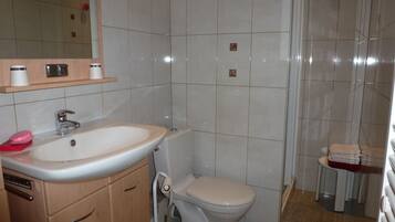 Une salle de bain comprenant un lavabo, des toilettes et un espace douche.