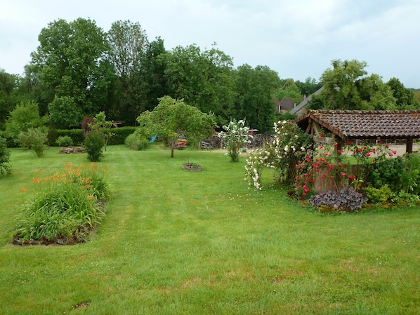 A garden with a variety of plants and flowers, a small wooden structure, and a large tree.