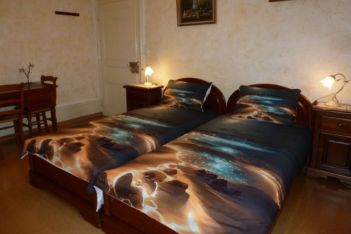 Un dormitorio con dos camas, un escritorio y una silla.