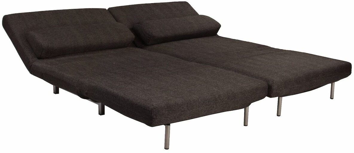 Un sofá modular con tela oscura, patas de metal y un diseño sencillo.