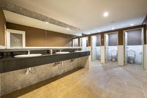 Shower, rainfall showerhead, hair dryer, towels