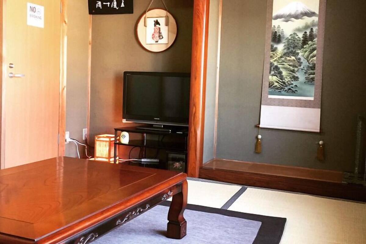 A traditional Japanese room with tatami flooring, a television, a framed picture on the wall, and a view of a mountain through a window.