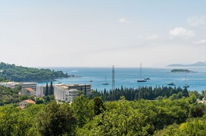 Eine Küstenstadt mit Gebäuden, klarem Himmel und mehreren Segelbooten auf dem Wasser.