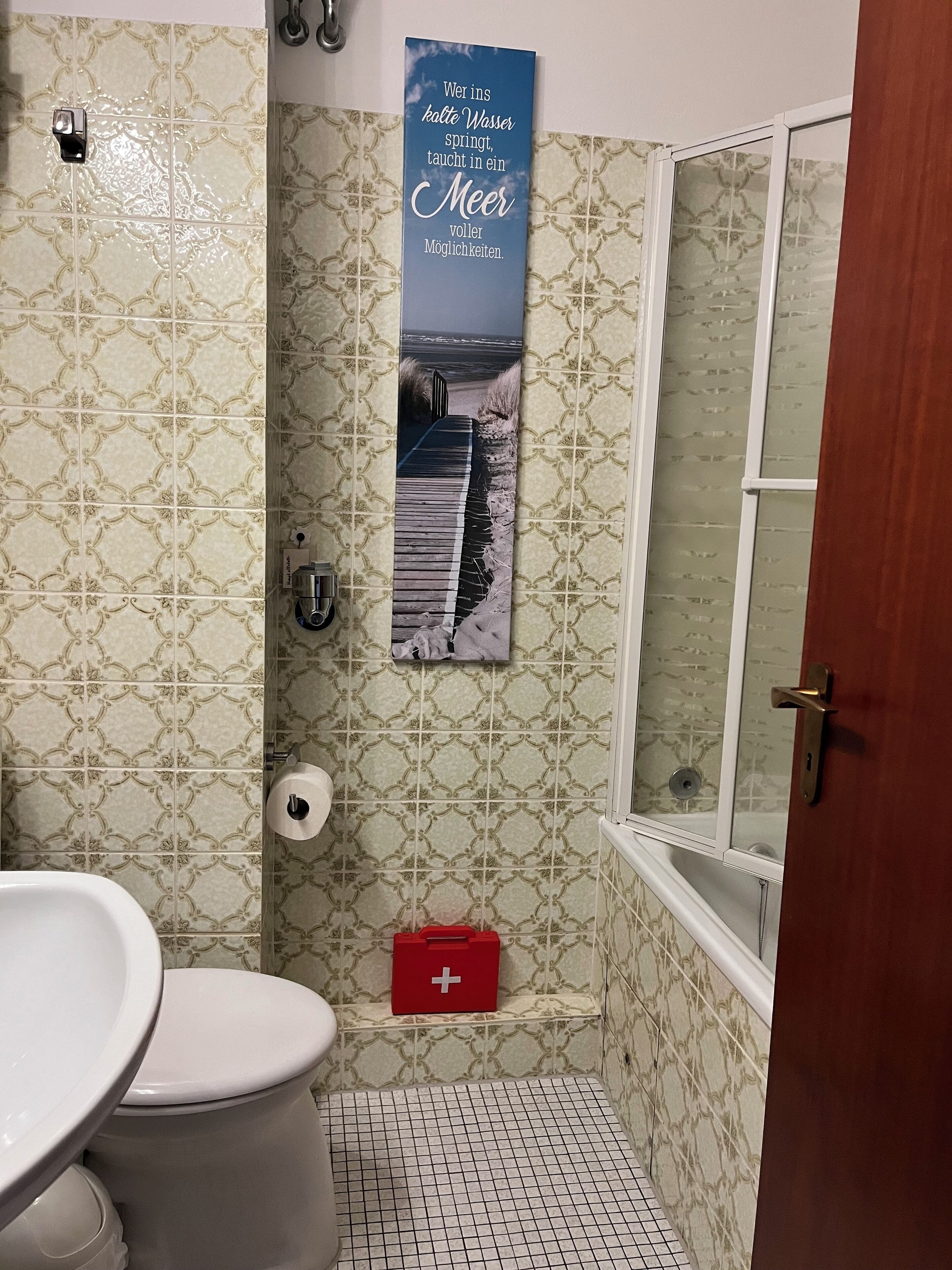 Et badeværelse med mønstret fliser, et toilet, en bruser og et rødt førstehjælpskit.