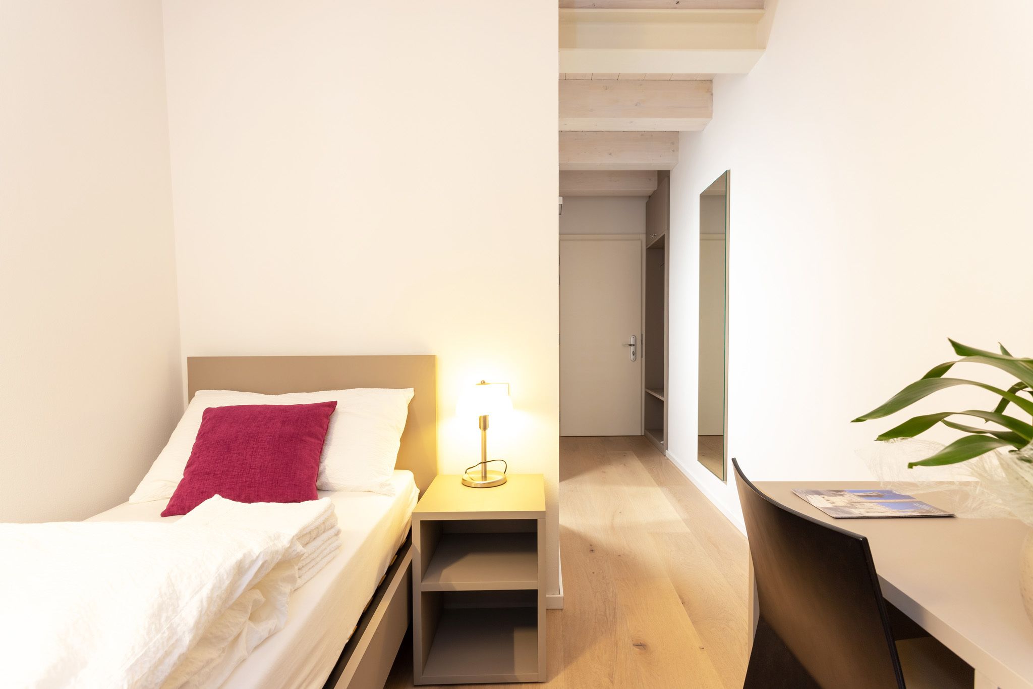 Camera d'albergo con un letto, comodino con lampada, uno specchio, una scrivania e una pianta.