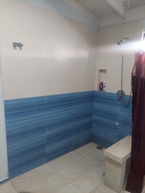 Hair dryer, towels, soap, shampoo
