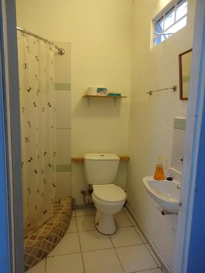 Hair dryer, towels, soap, shampoo