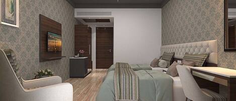 Un dormitorio moderno con una cama grande, un escritorio y una silla. Hay un televisor en la pared y una puerta que da a otra habitación.