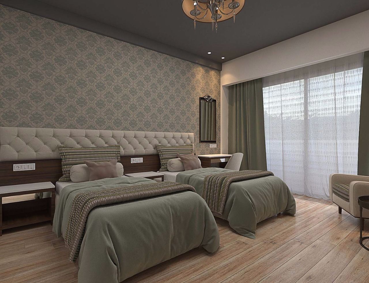 Ein modernes Schlafzimmer mit einem großen Bett, zwei Nachttischen, einem Sessel und einem großen Fenster mit Vorhängen.