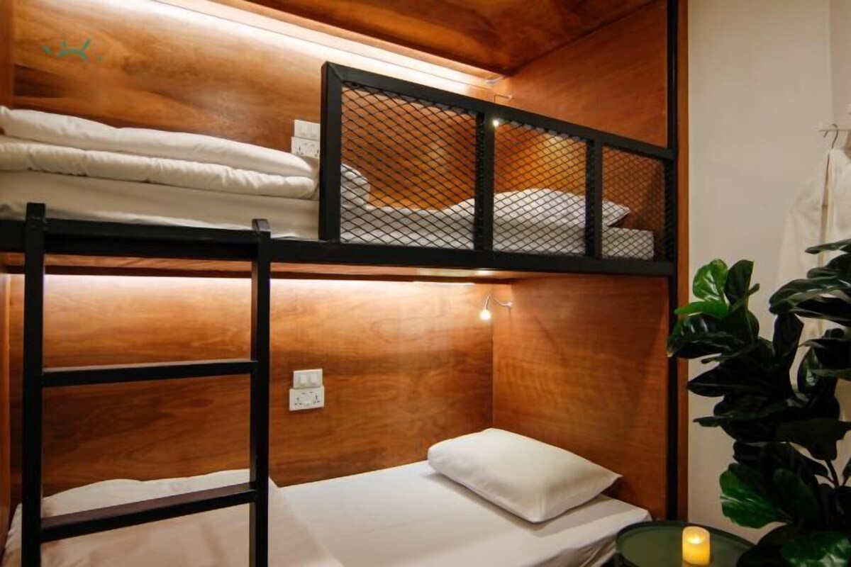 Habitación con literas, paredes de madera, una mesita de noche con una vela y una planta en maceta.