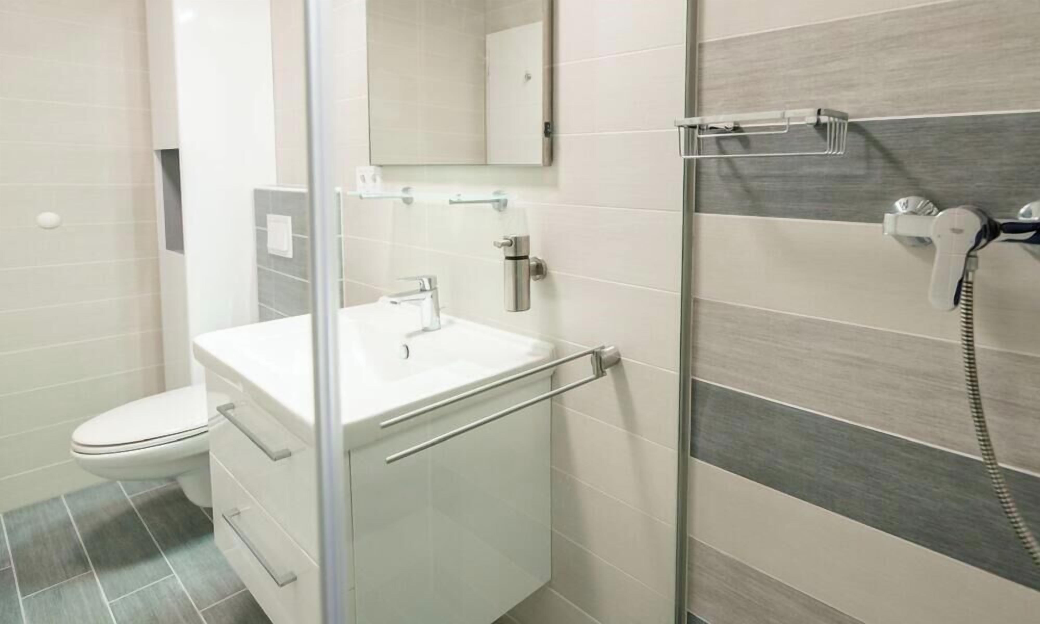 A modern bathroom with a glass shower enclosure, a white sink, and a toilet.