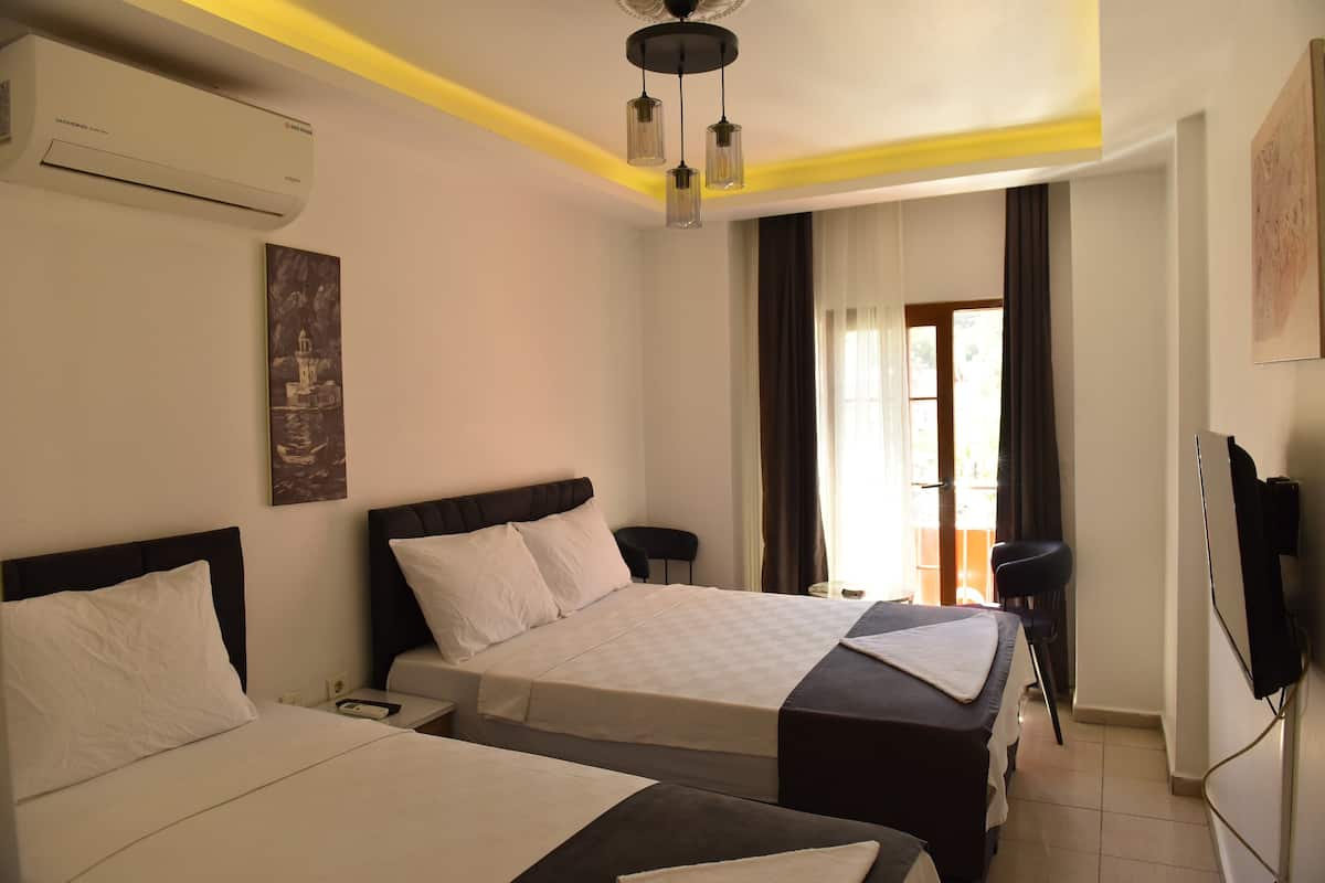 A hotel room with two beds, a ceiling fan, an air conditioner, a painting, a TV, and a view of the outdoors.