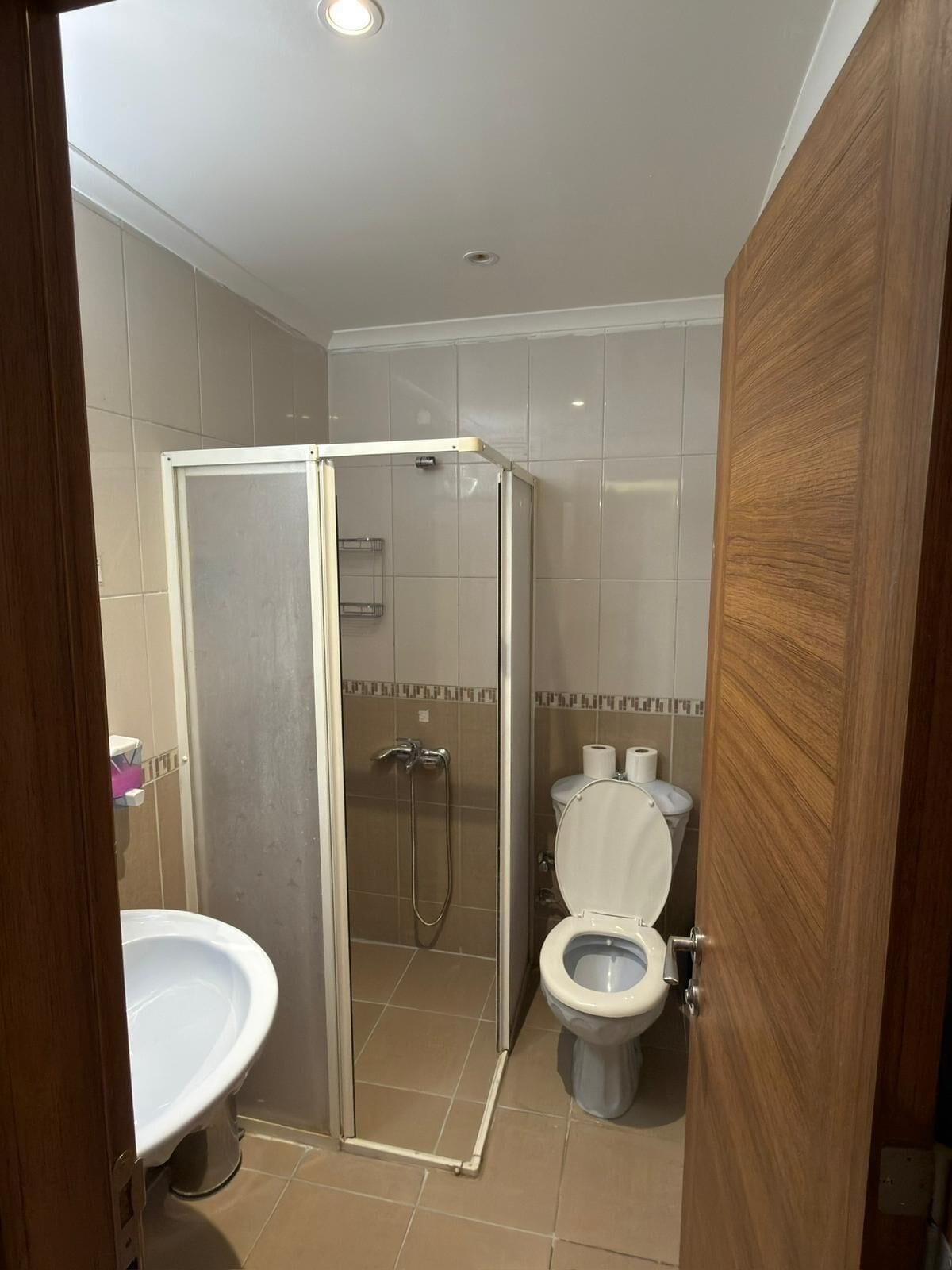 A bathroom with a shower enclosure, a toilet, and a sink.