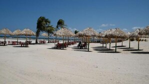 A beach with thatched umbrellas and red chairs, suggesting a resort setting. - Pousada Asa Branca (Piranhas)