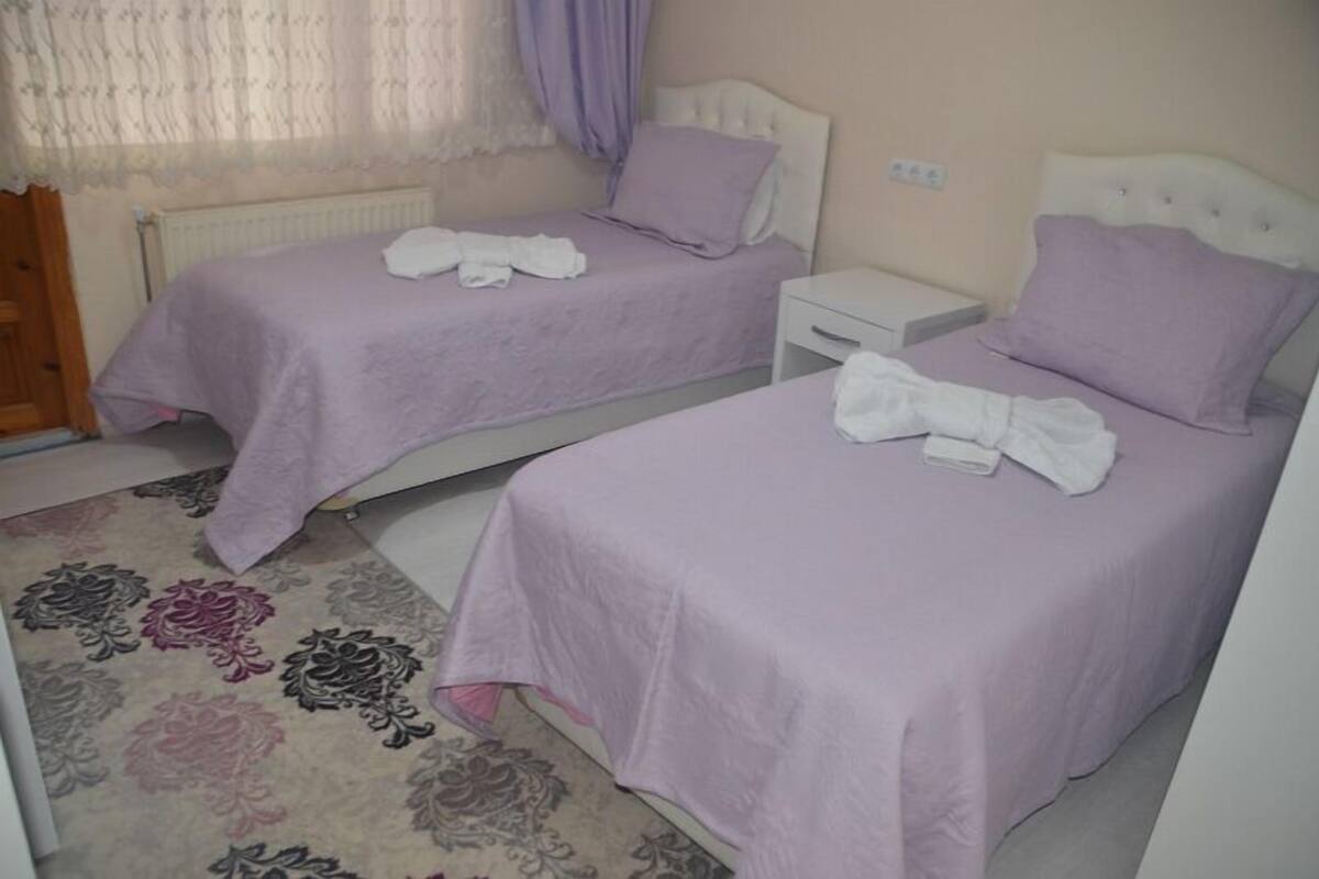 Une chambre avec deux lits, chacun doté d’une tête de lit blanche et recouvert d’une couvre-lit de couleur violet pâle. Il y a une petite table de chevet avec une lampe sur chaque lit. La chambre est agrémentée d’un tapis à motifs floraux.