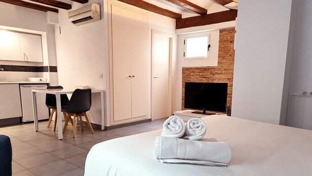 A hotel room with a bed, a TV, a fireplace, a desk, and a kitchen area. - Flats Friends Tetuan Studio (Valencia)