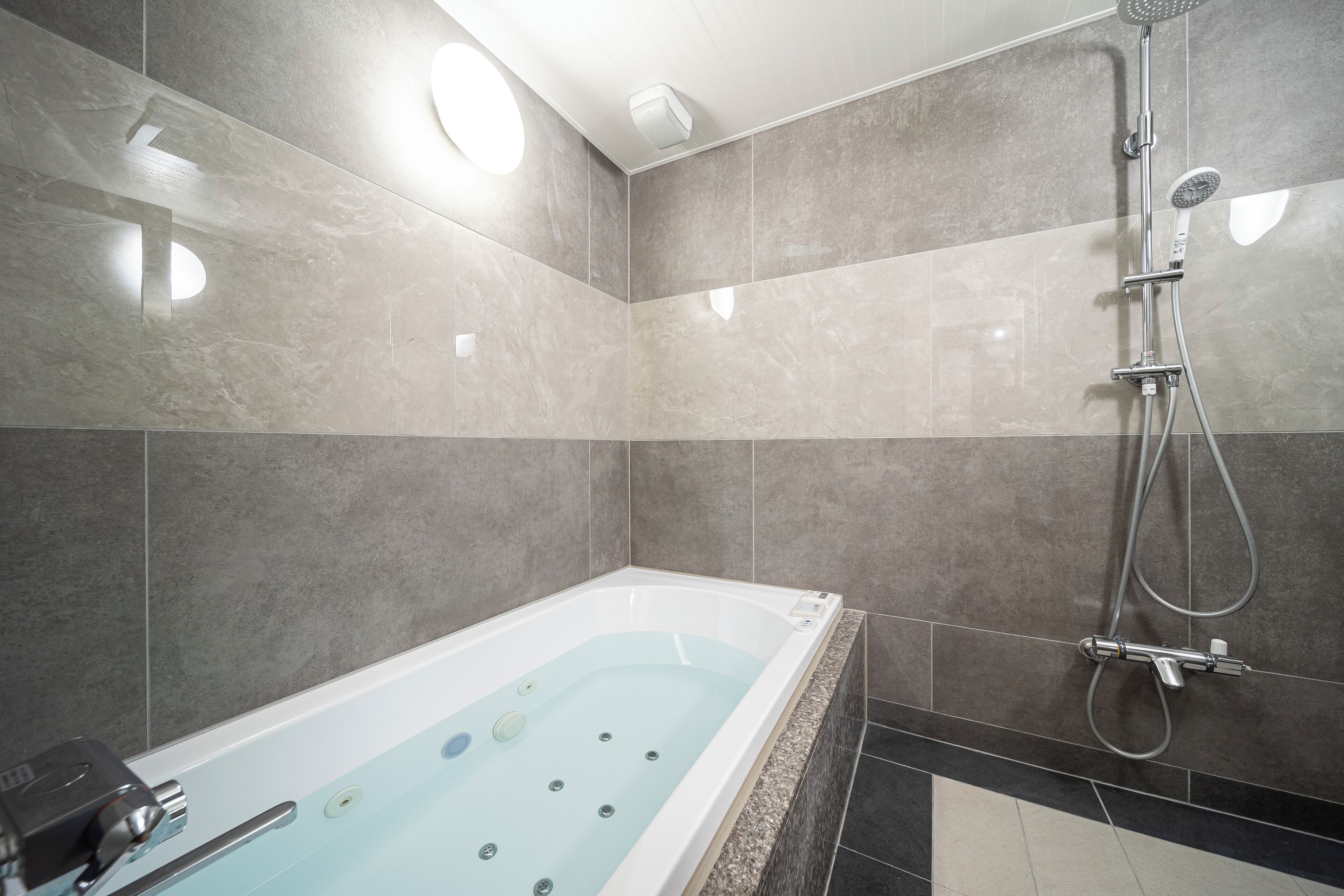 A modern bathroom with a bathtub, shower, and a ceiling light fixture.