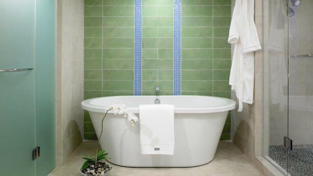 A bathroom with a freestanding bathtub, a glass shower enclosure, and a small potted plant.