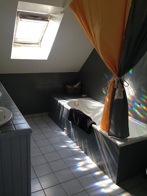 Combined shower/bathtub, free toiletries, hair dryer, towels