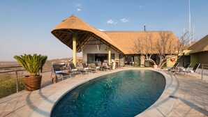 A swimming pool with lounge chairs and a thatched-roof building. - Safarihoek (Kamanjab)
