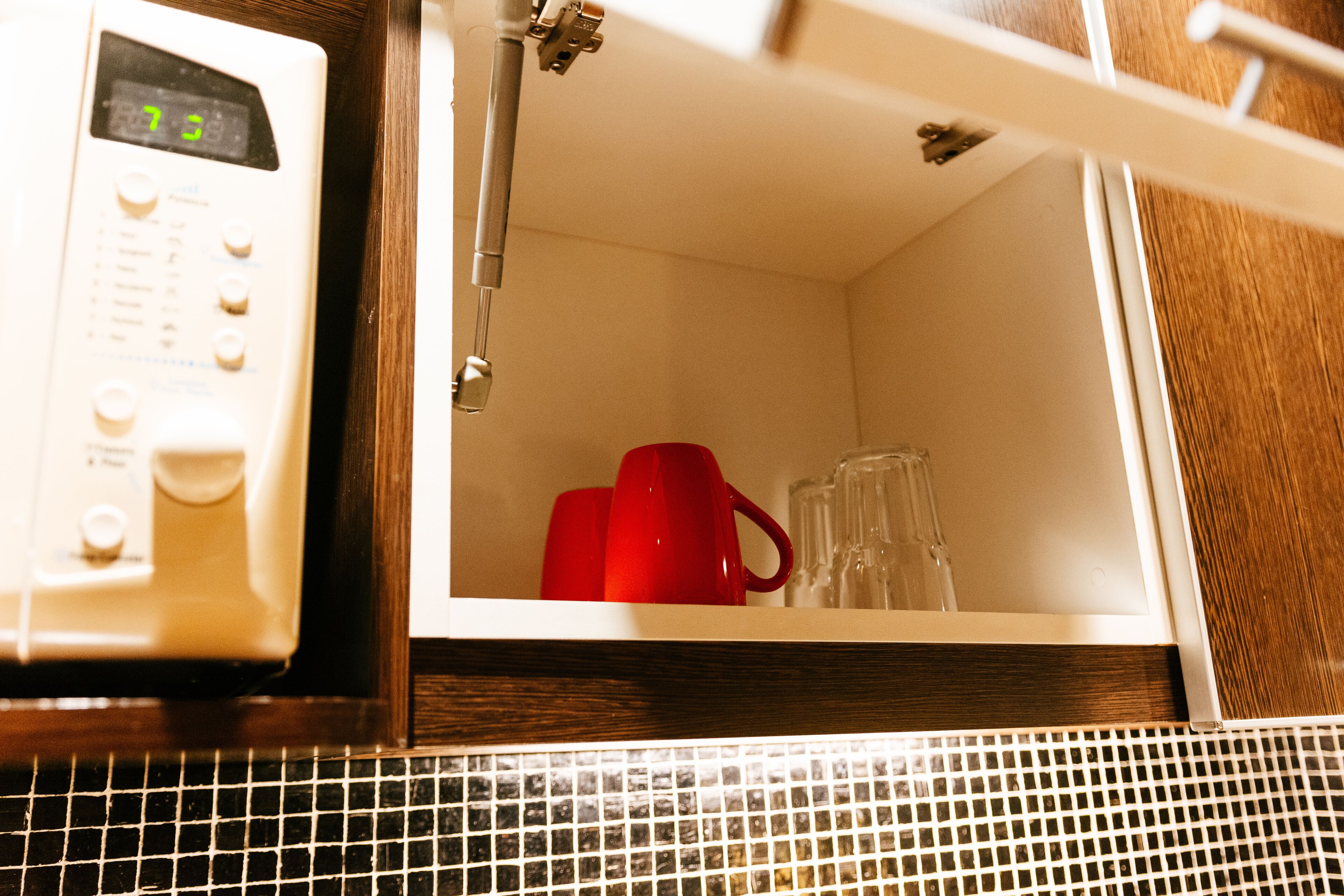 mini-fridge, microwave, cookware/dishes/utensils, cleaning supplies