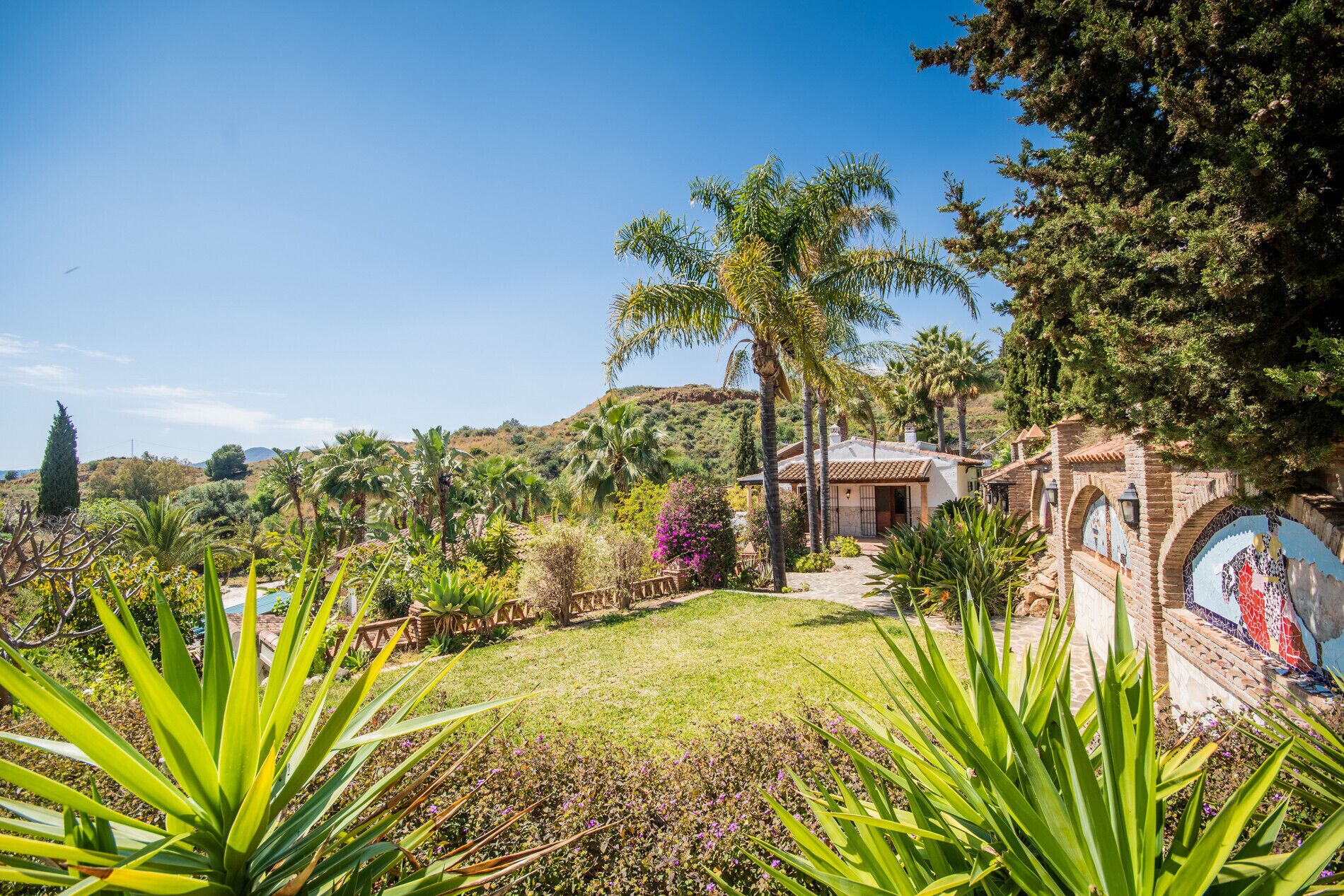 A garden with a variety of plants, a pathway, and a building with a tiled roof.
