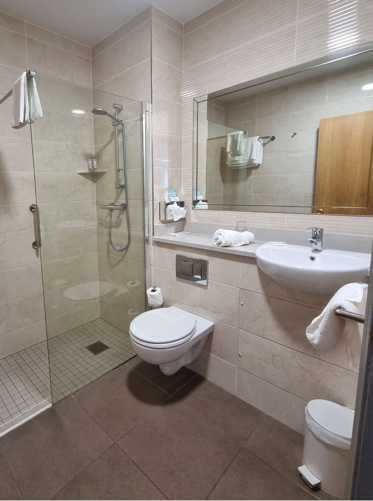 A modern bathroom with a glass shower enclosure, a toilet, a sink, and a large mirror.