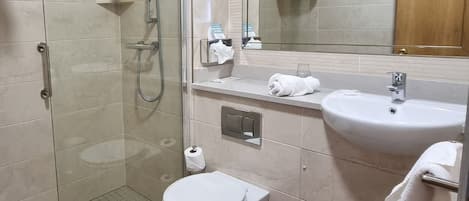 A modern bathroom with a glass shower enclosure, a toilet, a sink, and a large mirror.