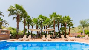 A swimming pool with lounge chairs and umbrellas, surrounded by palm trees.