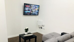 Ein Wohnzimmer mit grauem Sofa, einem kleinen schwarzen Tisch mit Pflanze und dekorativem Teller sowie einem an der Wand montierten Fernseher, der eine Netflix-Oberfläche zeigt.