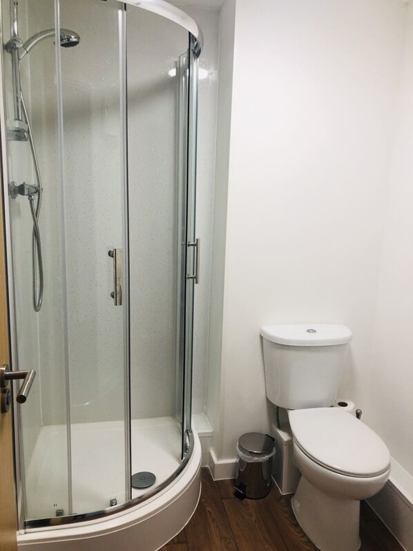 A bathroom with a glass-enclosed shower, a toilet, and a trash bin.