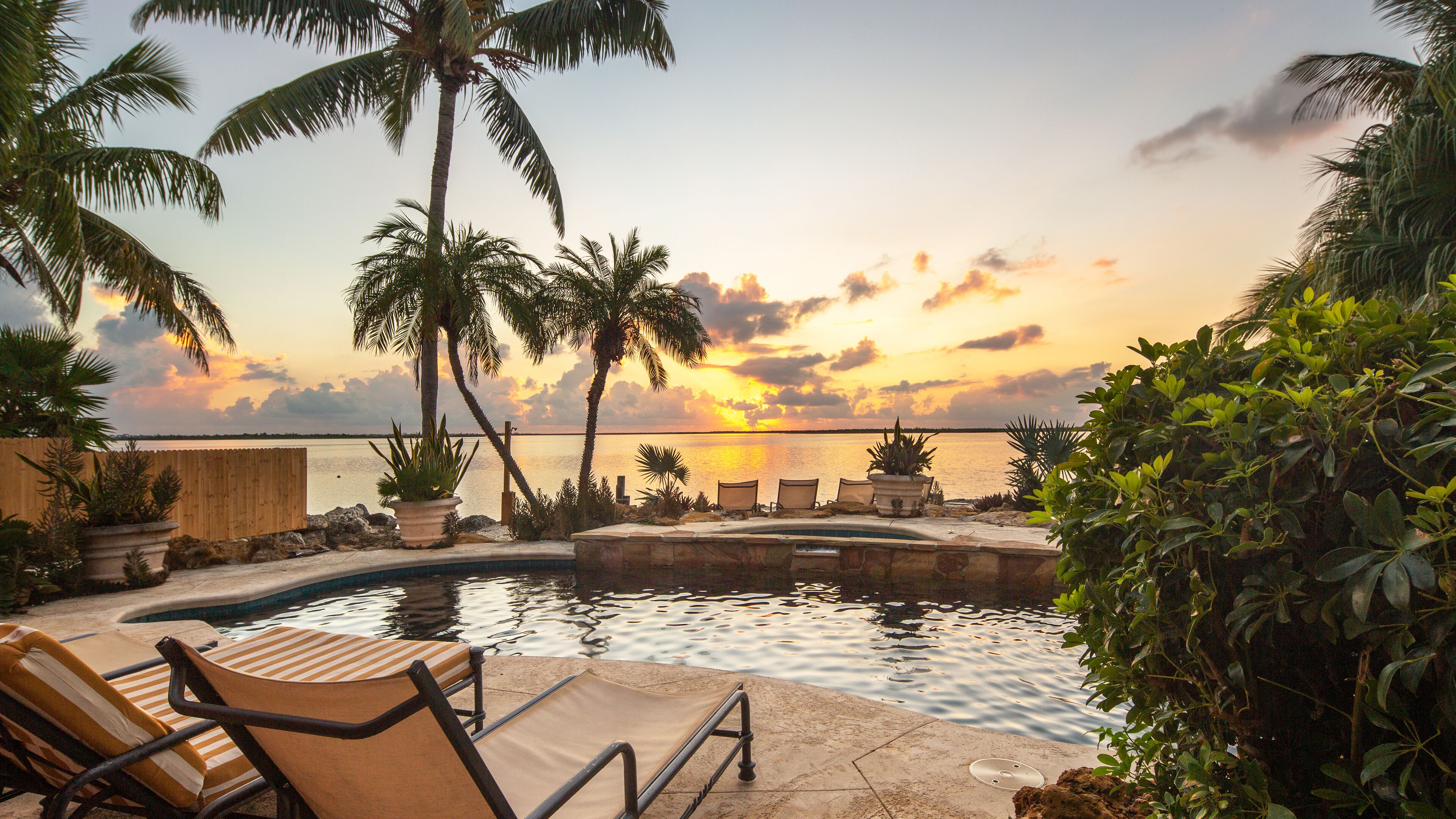 Un espace piscine agrémenté de chaises longues, de palmiers et offrant une vue sur le coucher de soleil sur l’eau.