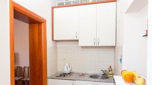 Een kleine keuken met witte kastjes, een spoelbak, een waterkoker en een fruitschaal.